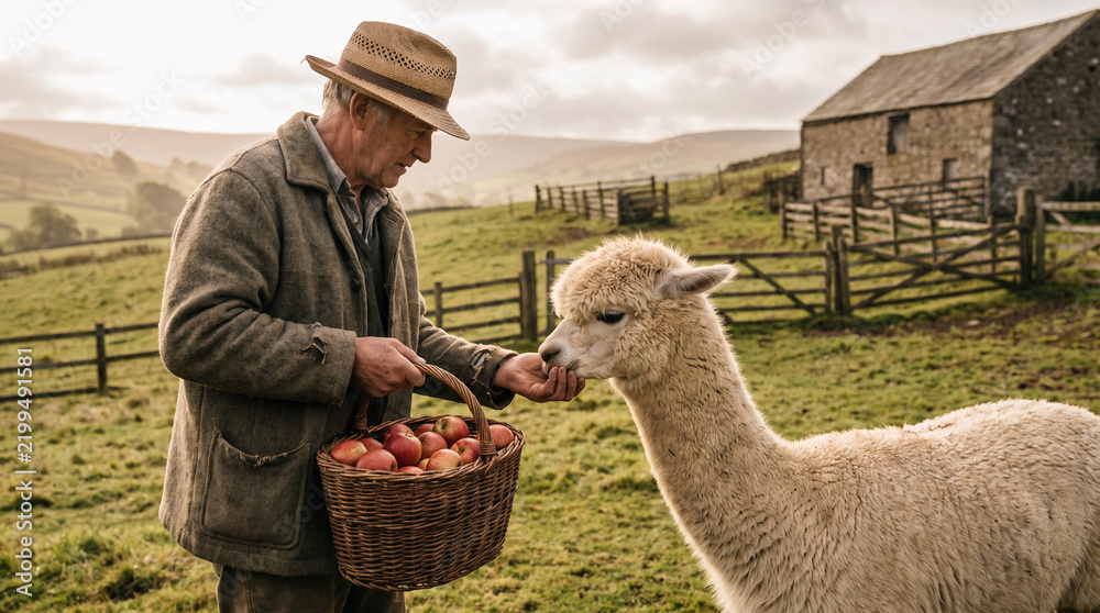 Fototapeta premium Farmer feeding red apples to a fluffy alpaca in a rural countryside field