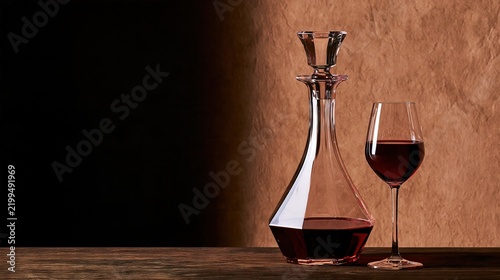 Crystal Decanter and Red Wine Glass with Copy Space