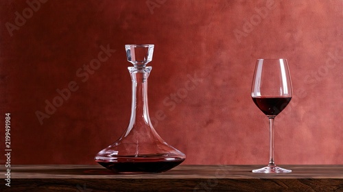Red Wine in Glass Decanter on Dark Walnut