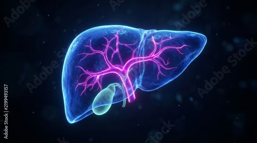 Translucent neon human liver model featuring glowing portal veins and a gallbladder in 3D.