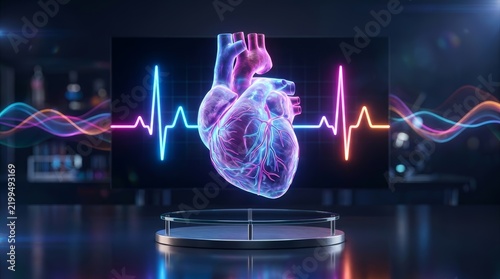 A glowing holographic anatomical heart suspended above a circular pedestal featuring an ECG pulse waveform.