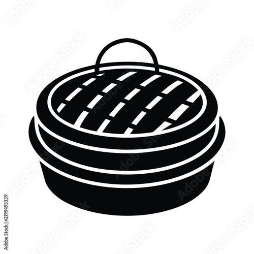 Bamboo steamer basket icon, traditional asian kitchenware for cooking dim sum, simple black silhouette design