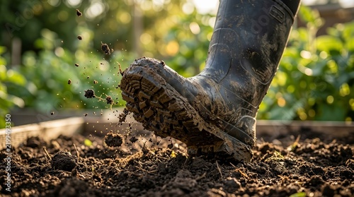 Close-up of a person wearing muddy rubber boots stomping on soil in a garden.