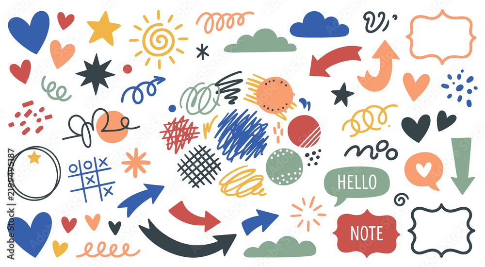 Obraz premium Doodle abstract set colorful hand drawn elements for design projects.