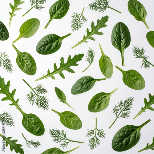 Assorted fresh green leaves of arugula spinach and dill arranged in a pattern. Healthy raw ingredients for salad preparation. Organic herbs isolated on white background.