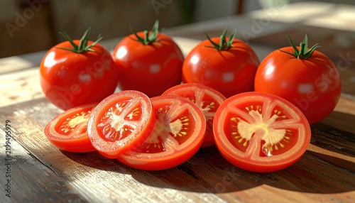 Sliced tomatoes and whole tomatoes 3D Illustration arranged on a rustic Mediterranean kitchen table