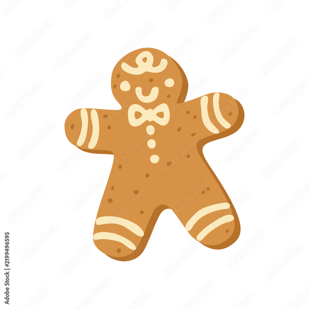 Obraz premium Cute gingerbread man Christmas cookie. Xmas biscuit character decorated with creamy icing, bow tie. Holiday sweet isolated on a white background. Flat vector illustration, hand drawn.