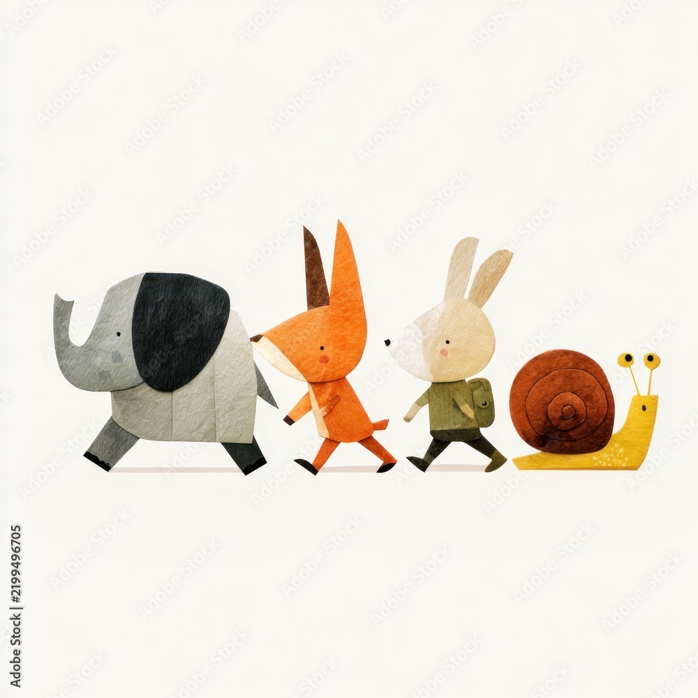 Obraz premium Cute animal friends walking in a line illustration.