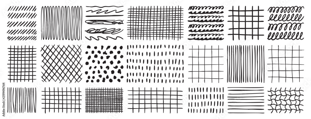 Fototapeta premium Hand drawn grids patterns set. Doodle pencil texture collection. Abstract line backgrounds for design