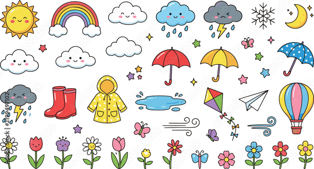 Obraz premium Cute hand drawn weather and spring icons