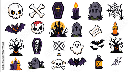 Spooky Halloween Icon Sheet with Skulls, Bones, Coffins, Candles, Tombstones, Spider Webs, Bats and Haunted Trees