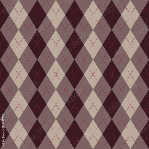 Argyle seamless pattern. Repeating red argyles background. Rhombus brown plaid. Repeated knit design prints. Argyll diamond patern. Sweater burgundy bg. Winter diamonds wallpaper. Vector illustration