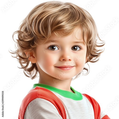 Adorable toddler with curly blonde hair, wearing a red and green shirt, smiles sweetly at the camera
