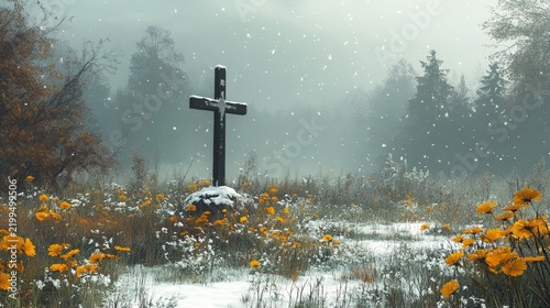 A dark wooden cross stands in a snowy field of wildflowers, a somber scene evocative of Good Friday. The light snowfall adds to the quiet solemnity of the landscape