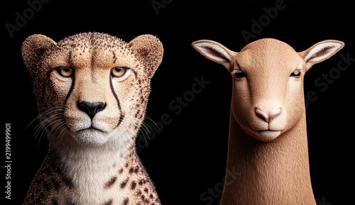 Close-up of a cheetah and a sheep, rendered in realistic detail, facing forward against a black background