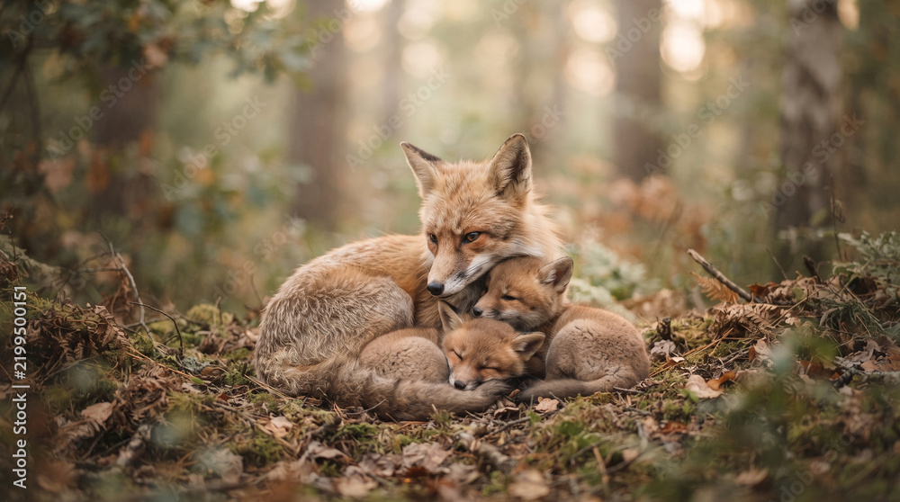 Obraz premium Mother fox and two cubs sleeping nestled in autumn forest floor