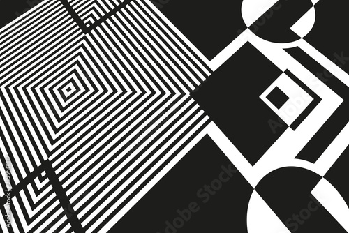 A dynamic black and white geometric abstract artwork, blending sharp angles, stripes, and contrasting shapes in a bold avant-garde style.