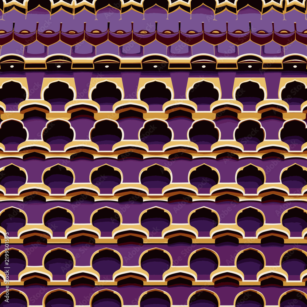 Obraz premium Clean line art seamless vector pattern of stacked muqarnas cells forming a continuous stepped honeycomb, a Ramadan and Eid al-Fitr ornament, flat geometric style.