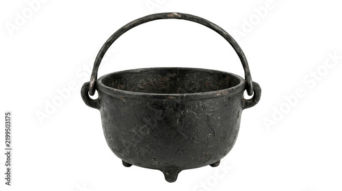 Rustic black cast iron cauldron with a sturdy handle isolated on a clean white background