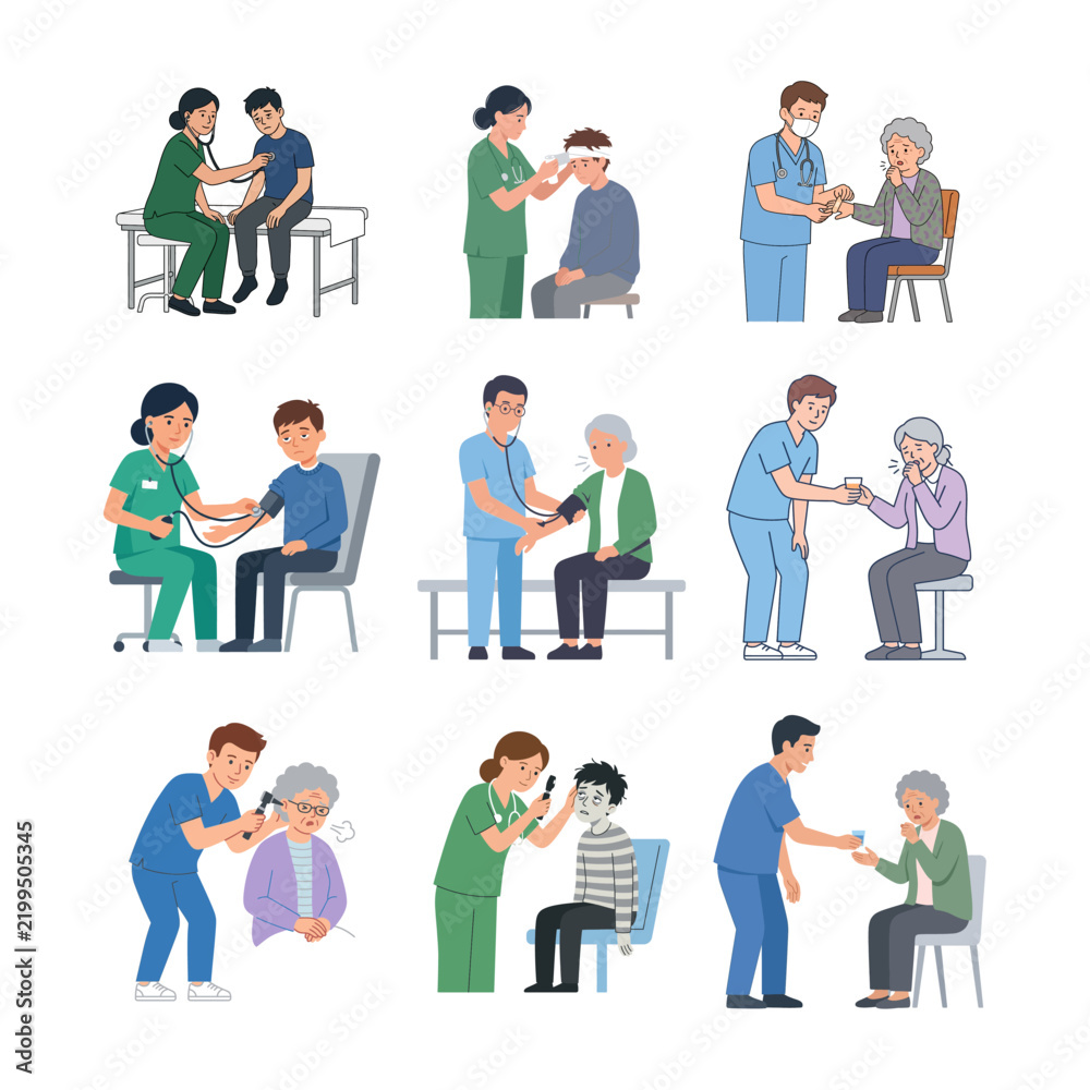 Fototapeta premium Medical Professionals Performing Routine Health Examinations and Patient Consultations Illustration