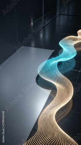 abstract stock photo showcasing a fluid ribbon of digital dots flowing like a river of data across a sleek corporate plane. The light particles shift smoothly from golden champagne to vibrant 