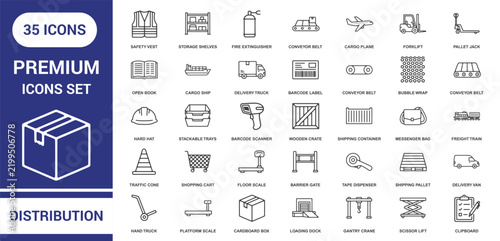 Set of 35 distribution and logistics outline icons, featuring shipping containers, warehouse equipment, cargo transport, and supply chain management symbols