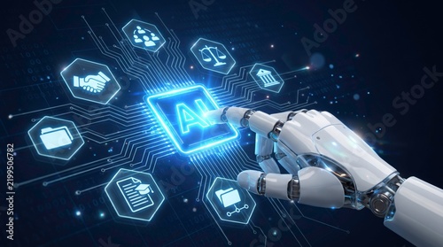 AI Integration Touchpoint: A robotic hand interacts with a glowing AI interface, surrounded by abstract icons representing various facets of human society and business.