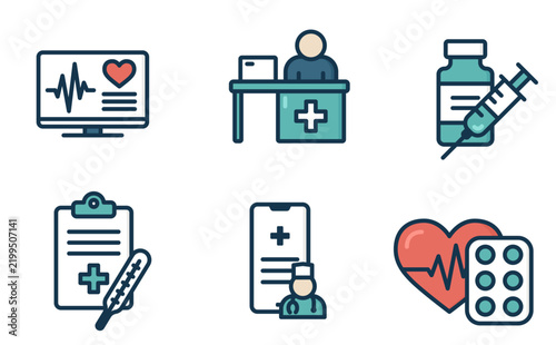 Medical clinical icons set with heart monitor, doctor workplace, vaccine vial, and pills. Easy to edit, clean vector illustrations for healthcare design