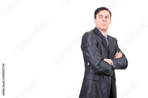 Fotografía Side view of attentive young male with dark hair in formal outfit looking away w
