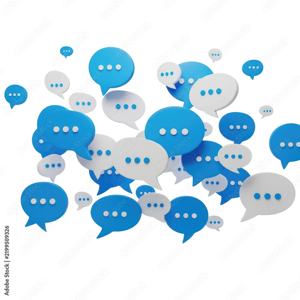 Obraz premium Group of 3D render blue and white chat bubbles speech communication icons floating isolated