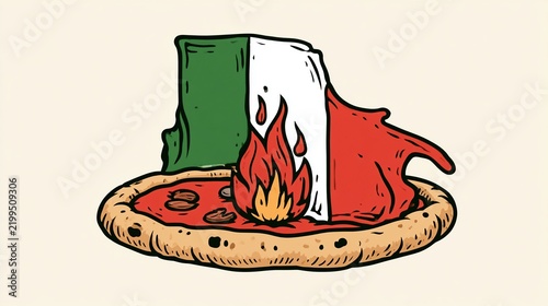 A slice of pizza with the Italian flag design is on fire, symbolizing spicy Italian cuisine or intense flavor.