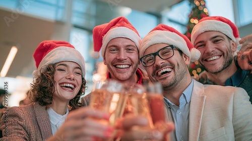 Four friends wearing Santa hats cheer with drinks, smiling happily in a festive indoor setting with a Christmas tree in the background.
