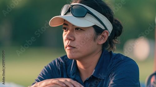 A focused woman wearing a cap and sunglasses rests her arms while looking thoughtfully into the distance outdoors.