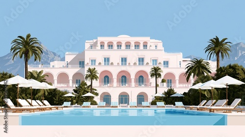 Elegant Mediterranean-style resort with a large pool, palm trees, and sun loungers set against a mountainous backdrop under a clear blue sky.
