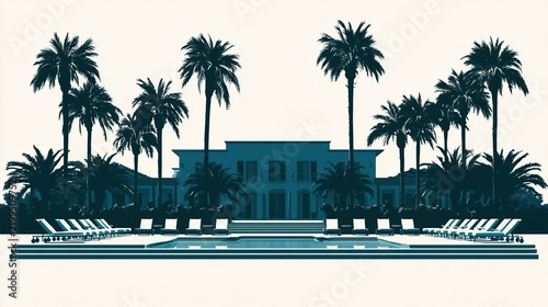 A luxurious villa silhouette with tall palm trees and a large swimming pool, exuding a tropical, upscale resort vibe.