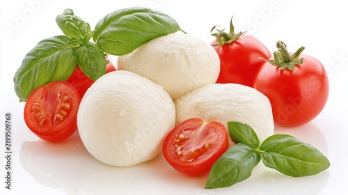 Fresh mozzarella balls, ripe tomatoes, and basil leaves arranged on a white surface, highlighting classic Italian ingredients.