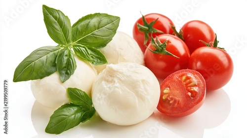 Fresh mozzarella balls with vibrant red cherry tomatoes and green basil leaves arranged on a white surface.