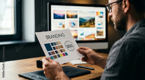 A designer reviewing a branding design identity and marketing concept on printed sheets.