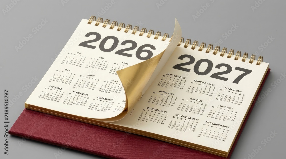 Fototapeta premium Desktop calendar open to the years 2026 and 2027 with detailed monthly layouts