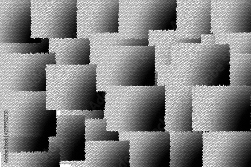 Monochrome abstract background with textured overlapping square tiles textured squares black white