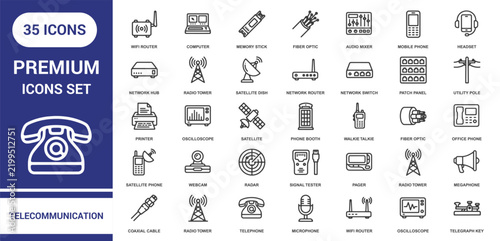 Collection of thirty-five telecommunication and connectivity line icons featuring network hardware, wireless technology, communication devices, and signal equipment