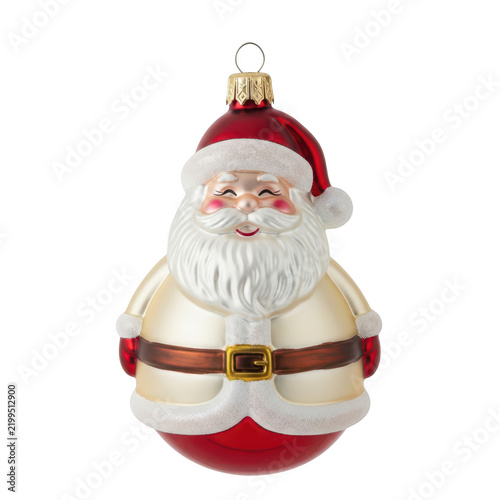 Beautiful shiny glass Santa Claus Christmas tree ornament with smiling face white beard red hat and golden belt isolated on pure white background