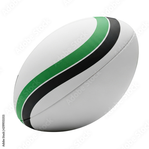 Rugby ball with green and black stripes isolated on white background for sports design