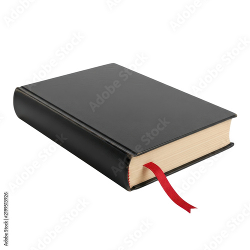 Closed black leather hardcover book with red ribbon bookmark isolated on white background