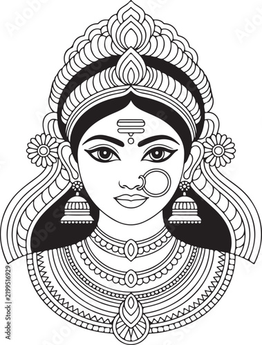 Line art illustration of a beautiful Indian goddess portrait with traditional ornaments and jewelry