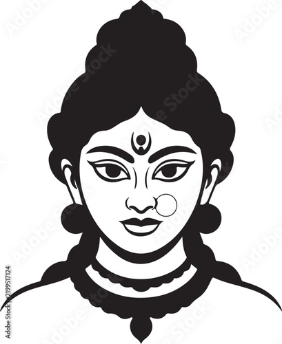 Minimalist black and white vector illustration of Hindu goddess Durga face