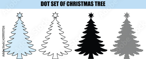 Set of four different christmas tree designs featuring simple line art and halftone dot patterns