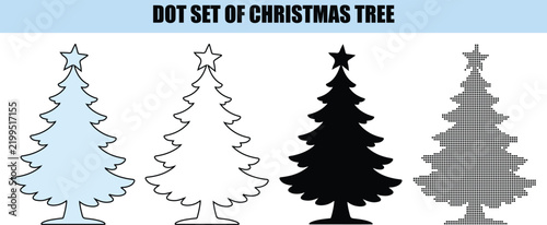 Set of four different style Christmas tree icons featuring dotted line and solid shapes