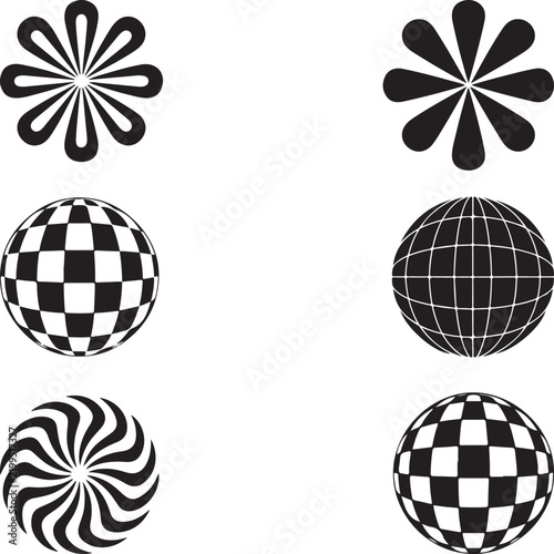 Set of six abstract geometric shapes with flower forms and checkered sphere patterns