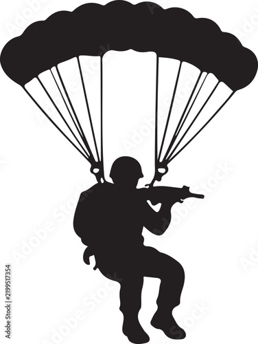 Silhouette of a military paratrooper descending with a parachute and holding a rifle